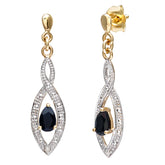 0.55ct Pear Shape Black Sapphire and Pave Set Diamond Drop Earrings in 9ct Yellow Gold